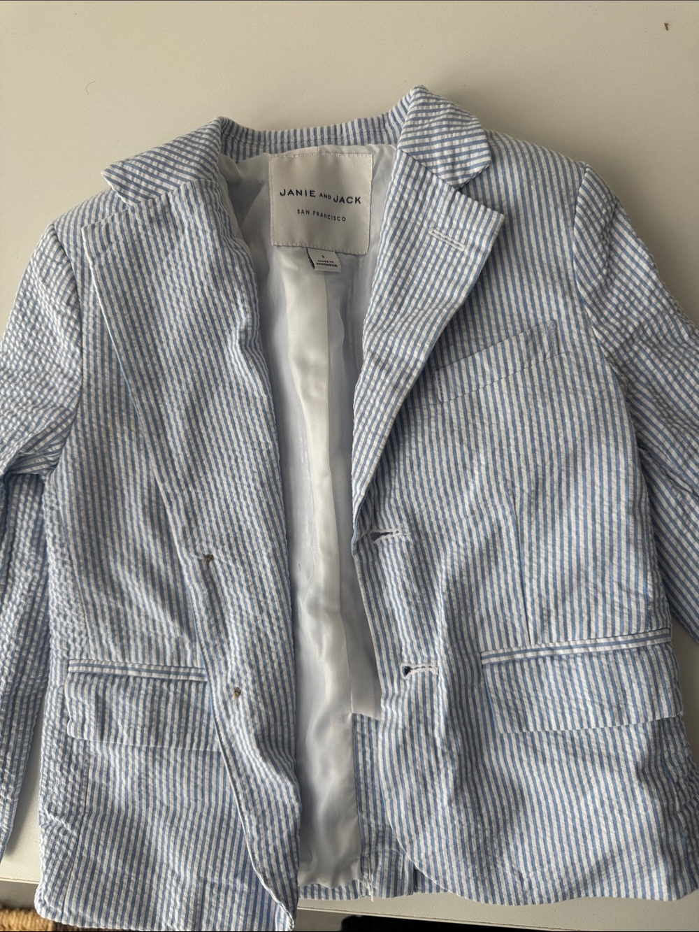 Janie and Jack Boys Light Blue and White Striped Seersucker Blazer